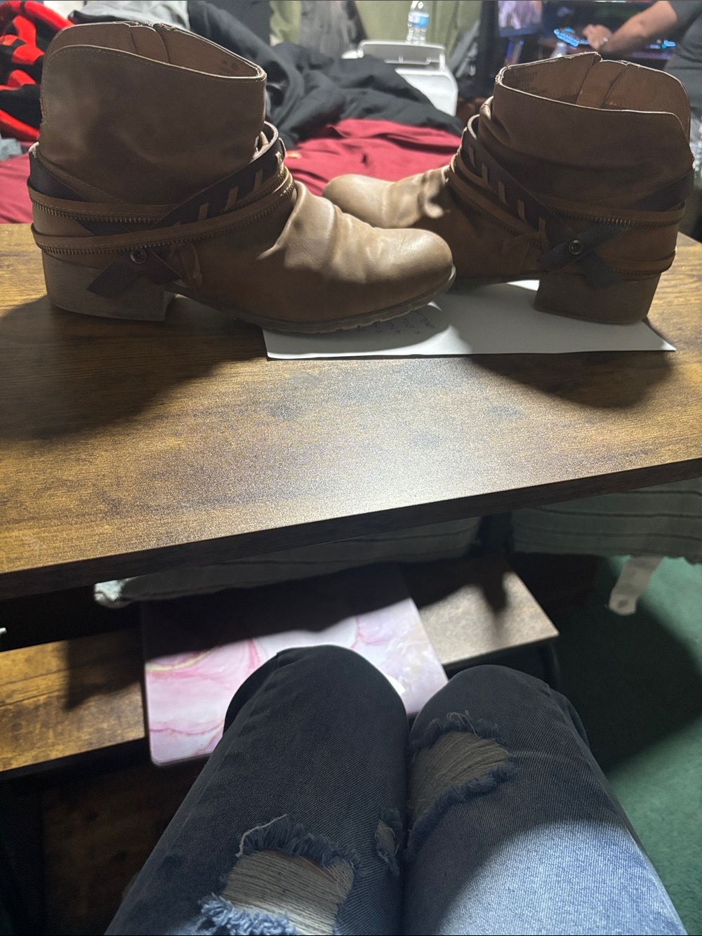Maurices Tan Brown Ankle Booties with Wrap Strap & Zipper Accent
